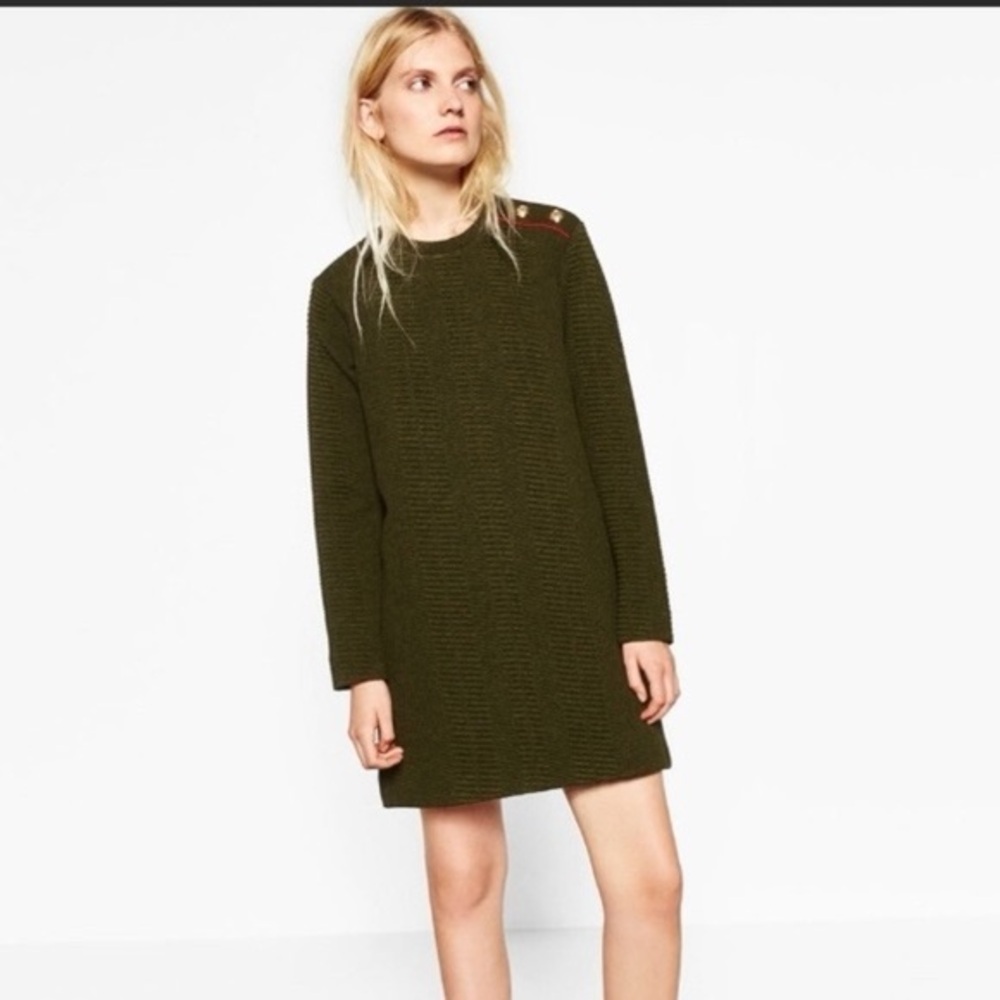 Zara Collection Military Style Army Green Knit Sweater Tunic Dress Womens Size S